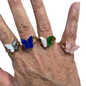 Gold and Multicolored Butterfly 4 Piece Ring Set